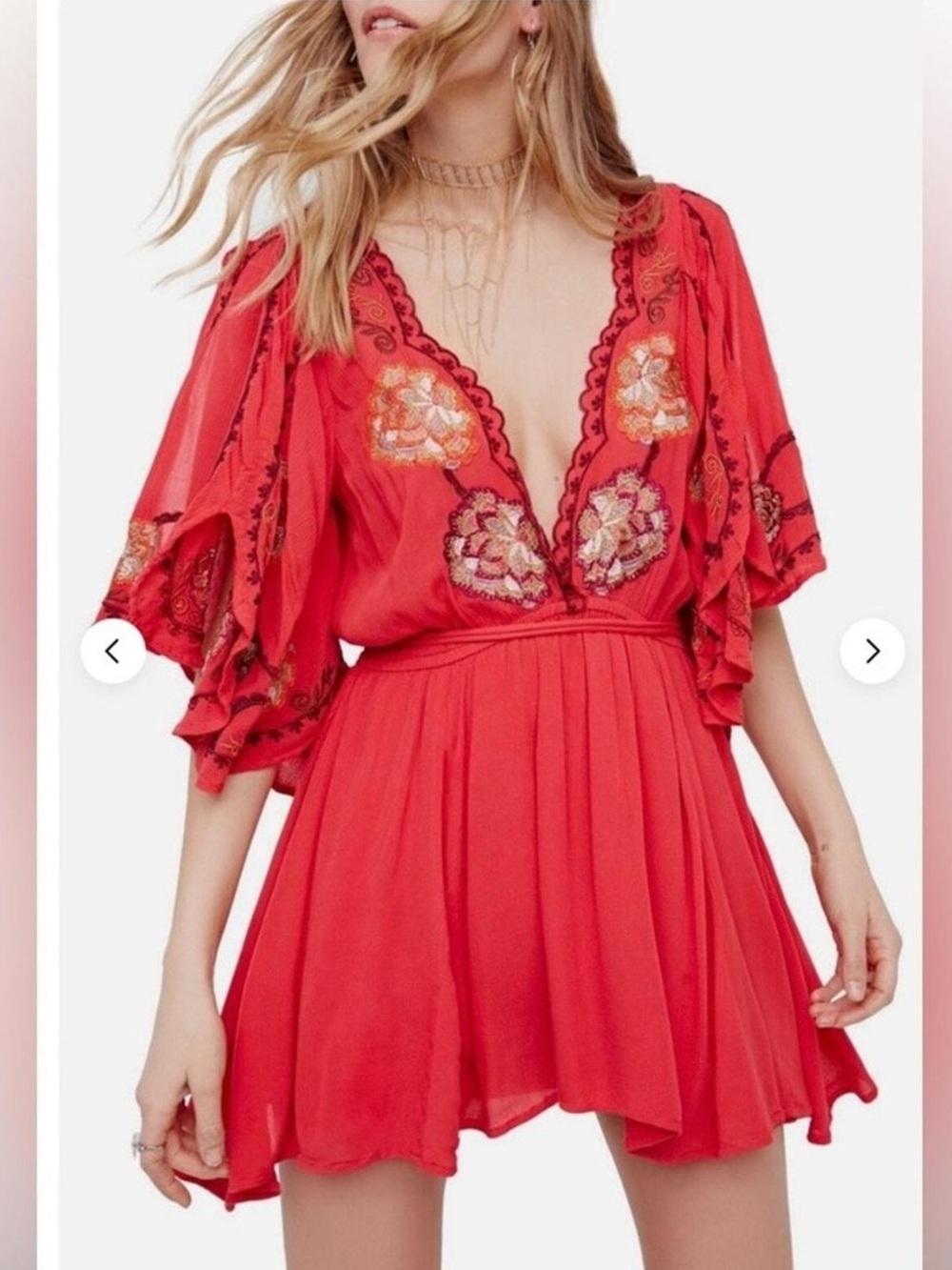 Free People Cora Embroidered Mini Dress Size Large Red Floral Boho Beach